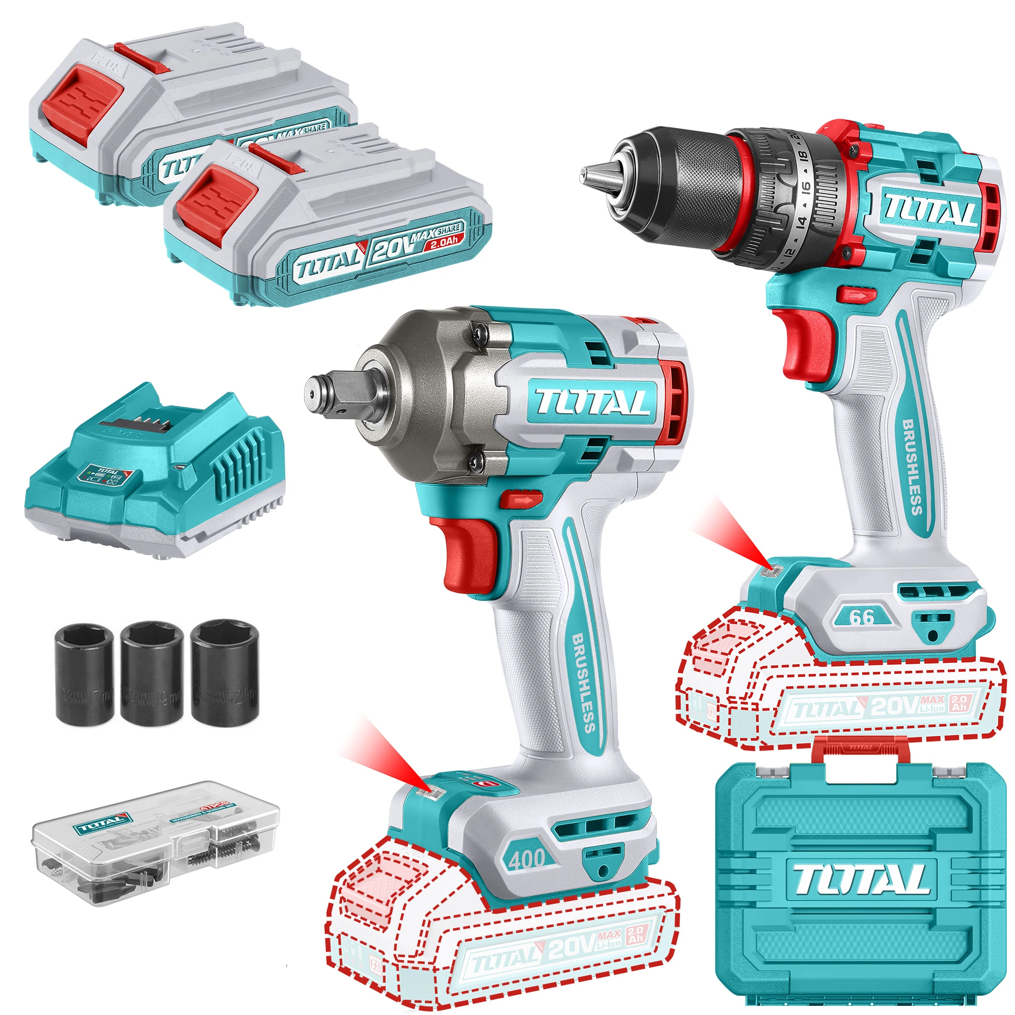 Kit Llave impacto+atornillador c/2bat. y carg. 20V TOTAL TCKLI20275