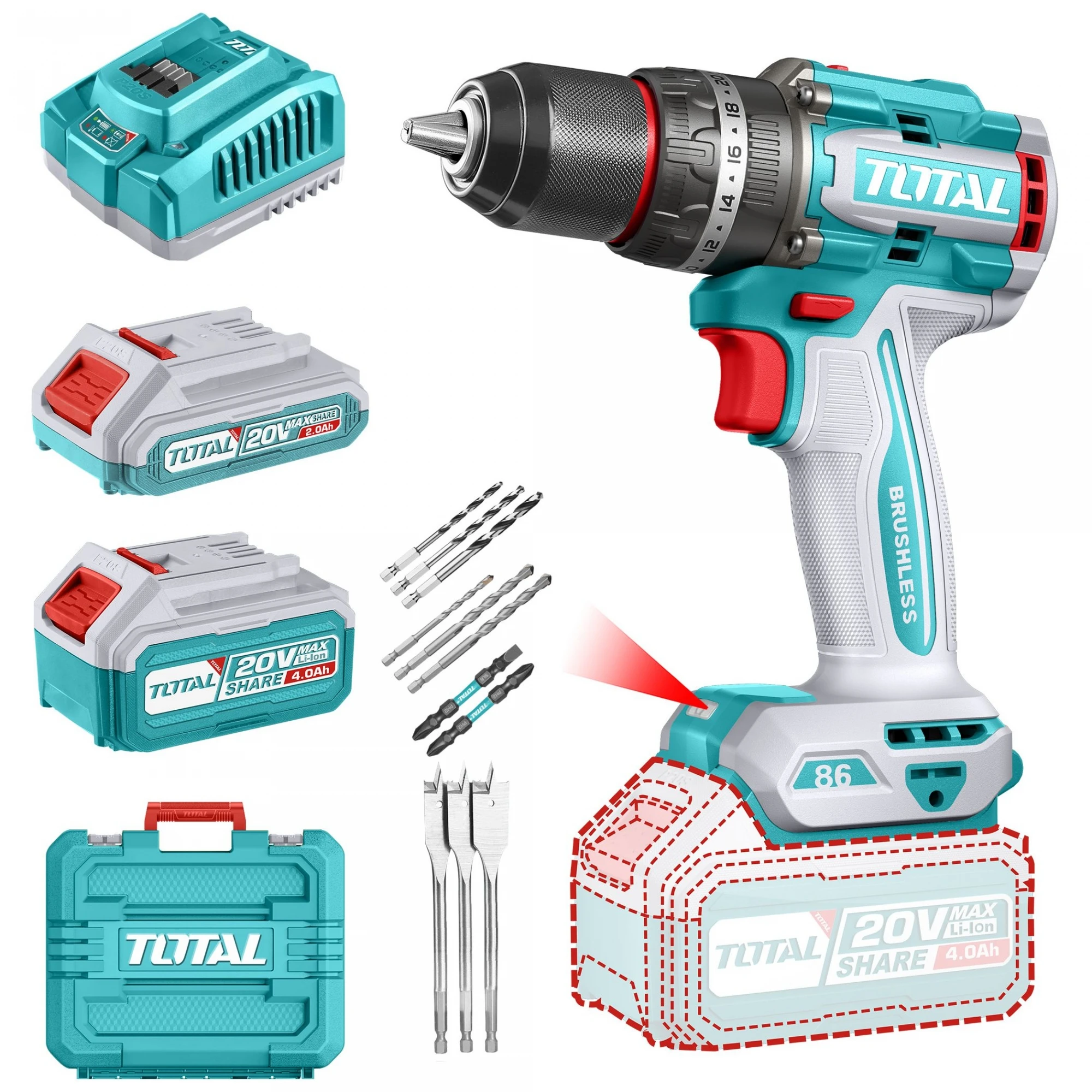 Atornillador inal. 20v c/percut 2 bat. 86Nm TOTAL TIDLI20868