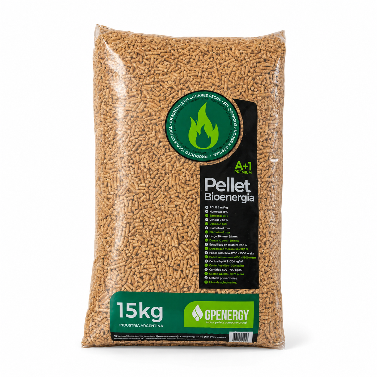 Pellets de madera GP Energy calidad A1 Premium x 15 kgs.